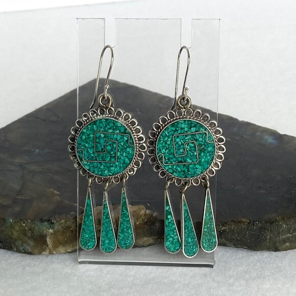 VTG Sterling Silver 925 Southwest Style Crushed Turquoise Inlay Dangle Earrings - Picture 1 of 16